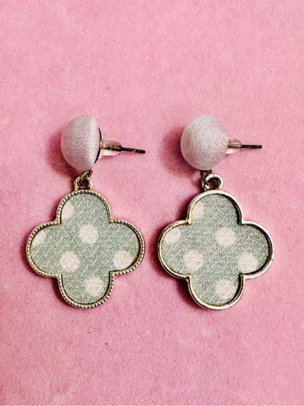 Blush Pink Polka Dot Clover Drop Earrings